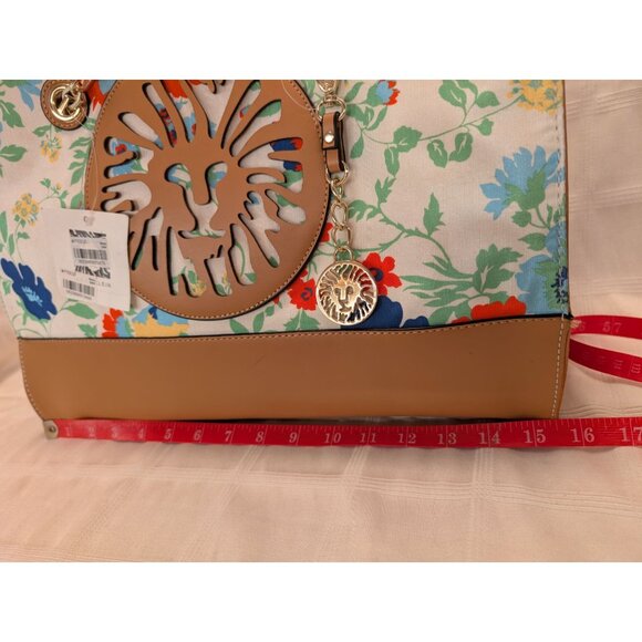 Anne Klein Floral Tote Bag Tan Faux Leather Accents & Chain Straps Lion Logo NWT - Picture 11 of 16